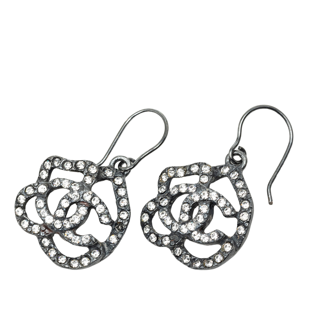 Pre-Loved Chanel CC Brass Camellia Strass Hook Earrings